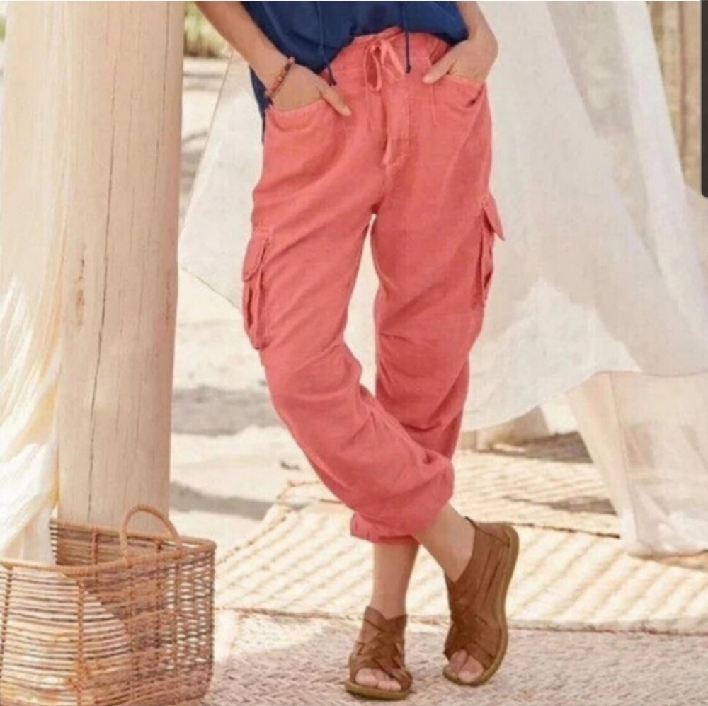 Sundance Hansa Lightweight Breathable Linen Blend Cargo Jogger Pants 14 Coral